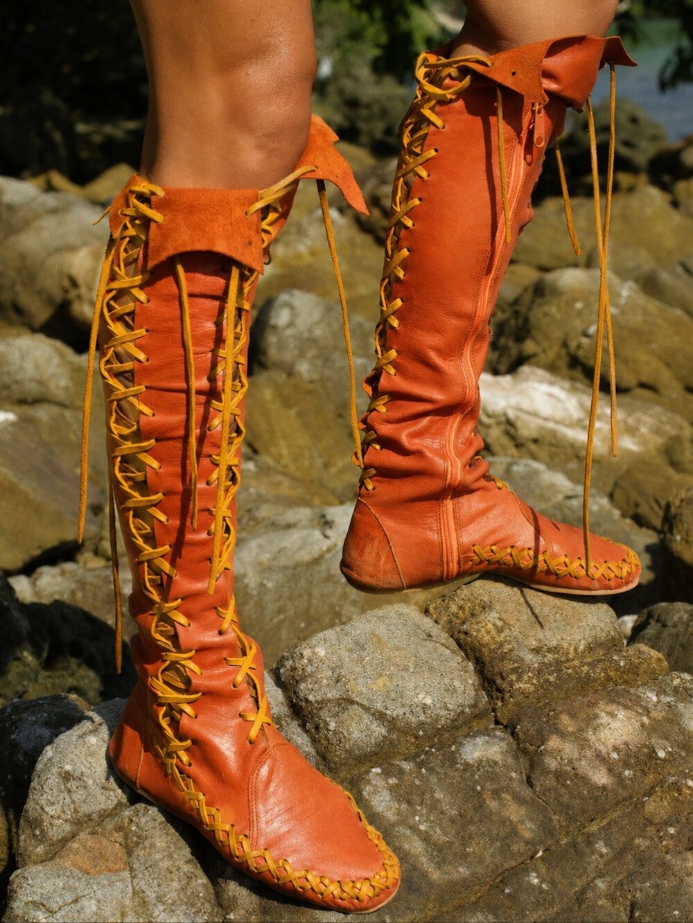 Gipsy Dharma Knee High Lace Up Leather Boots Size 8 Orange